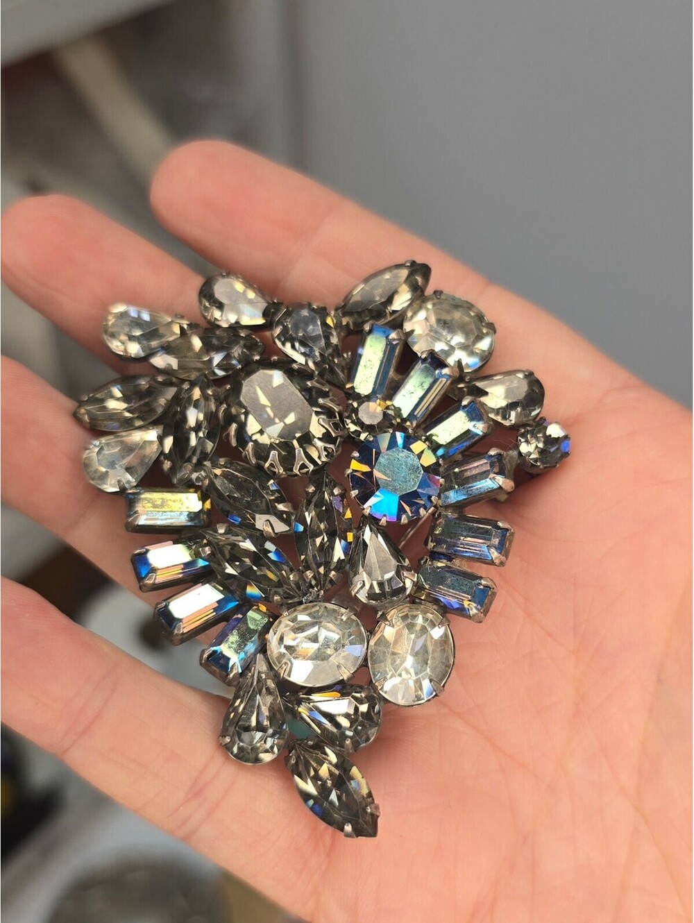 Vintage Smokey Weiss Brooch with Aurora Borealis Rhinestones